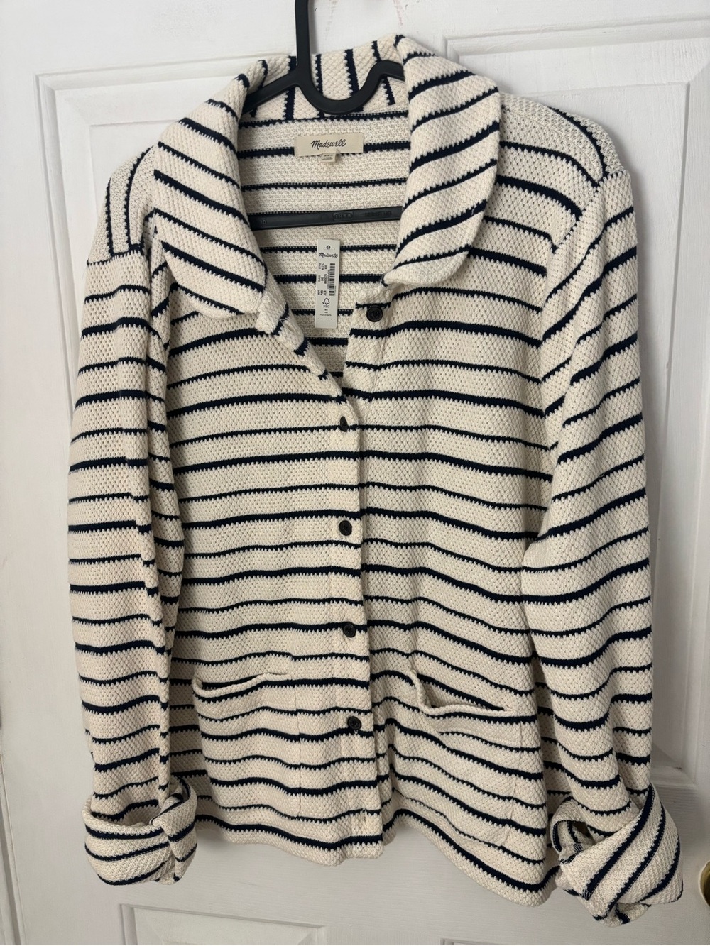 Madewell Cream & Navy Striped Knit Button Cardigan